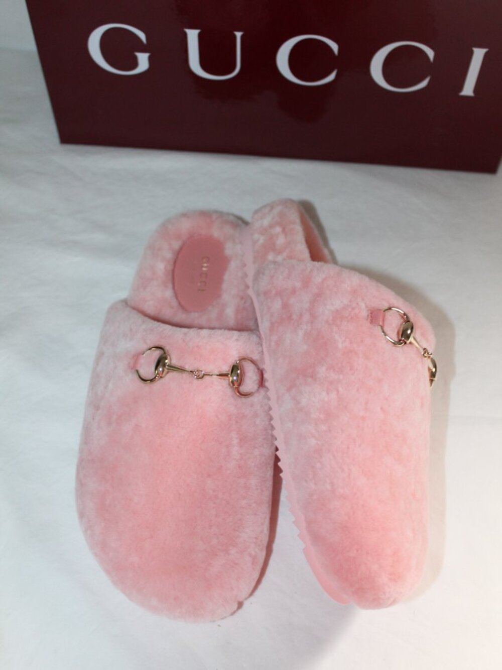 NWB Gucci Horsebit GG Shearling Pink Peach Flats Mules Slip Ons 852877